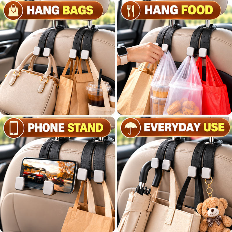 🔥2-in-1 Leather Car Seat Hook & Phone Mount for Purses, Bags & Drinks