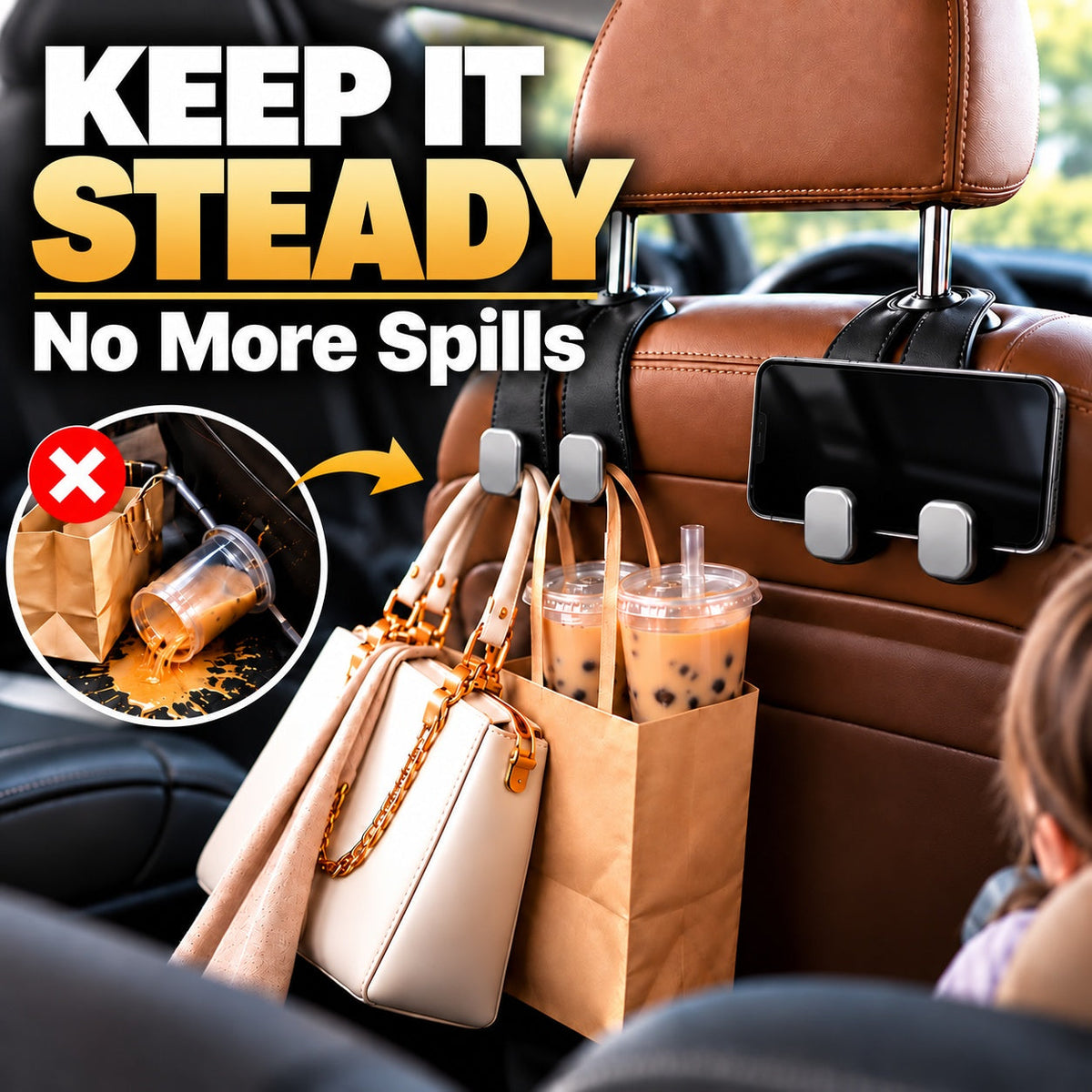 🔥2-in-1 Leather Car Seat Hook & Phone Mount for Purses, Bags & Drinks