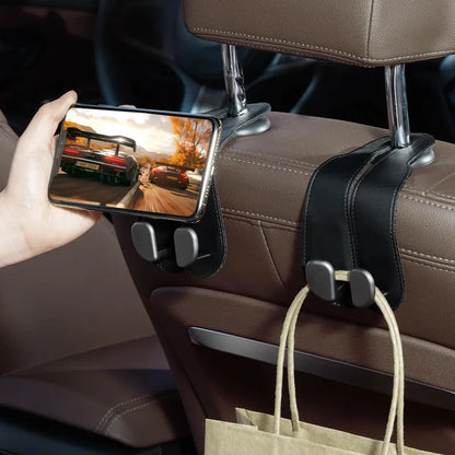 🔥2-in-1 Leather Car Seat Hook & Phone Mount for Purses, Bags & Drinks