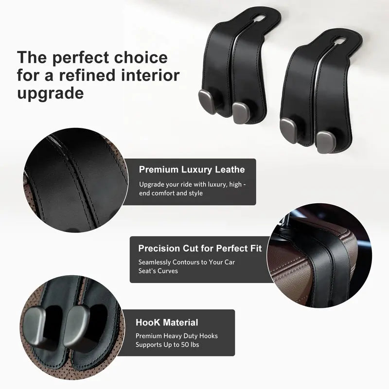 🔥2-in-1 Leather Car Seat Hook & Phone Mount for Purses, Bags & Drinks