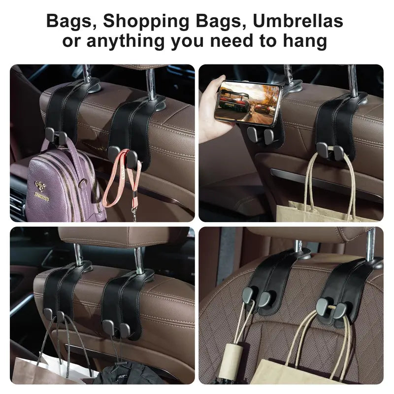 🔥2-in-1 Leather Car Seat Hook & Phone Mount for Purses, Bags & Drinks