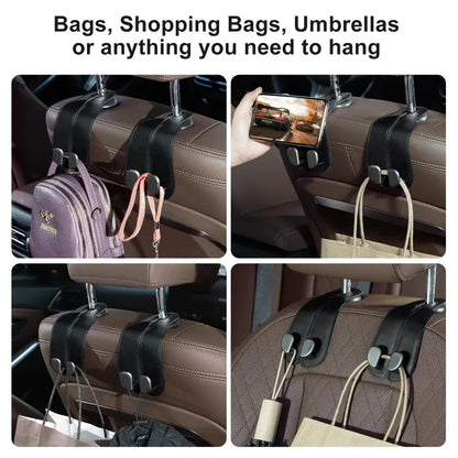 🔥2-in-1 Leather Car Seat Hook & Phone Mount for Purses, Bags & Drinks